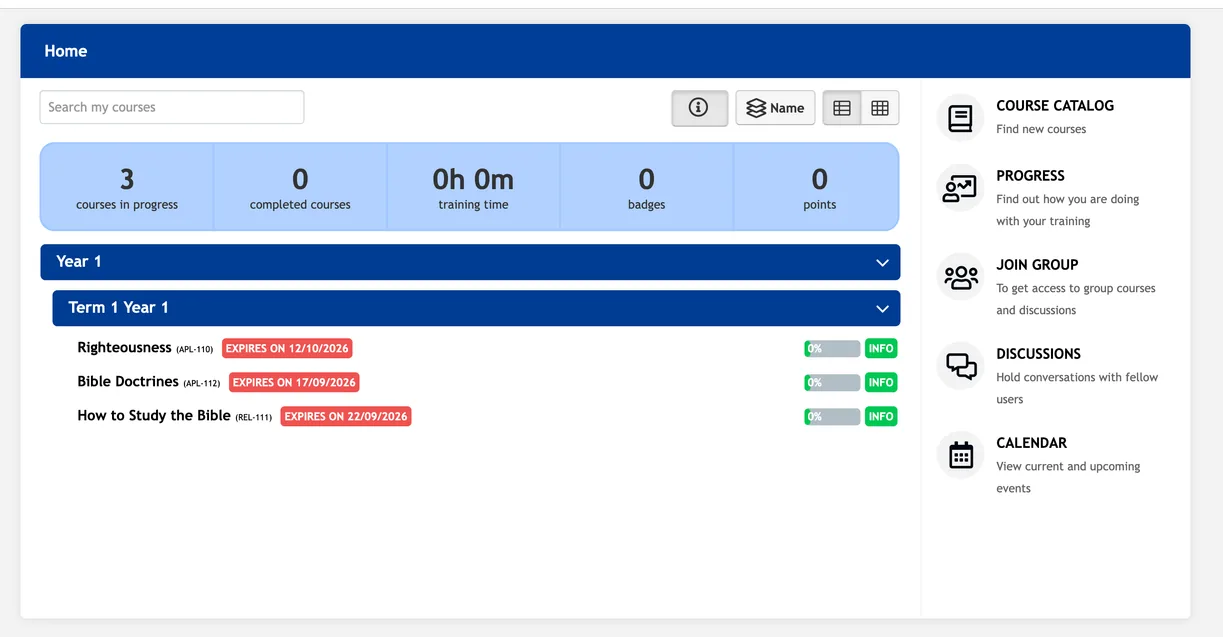 IBTC student dashboard showing three courses in progress with due dates